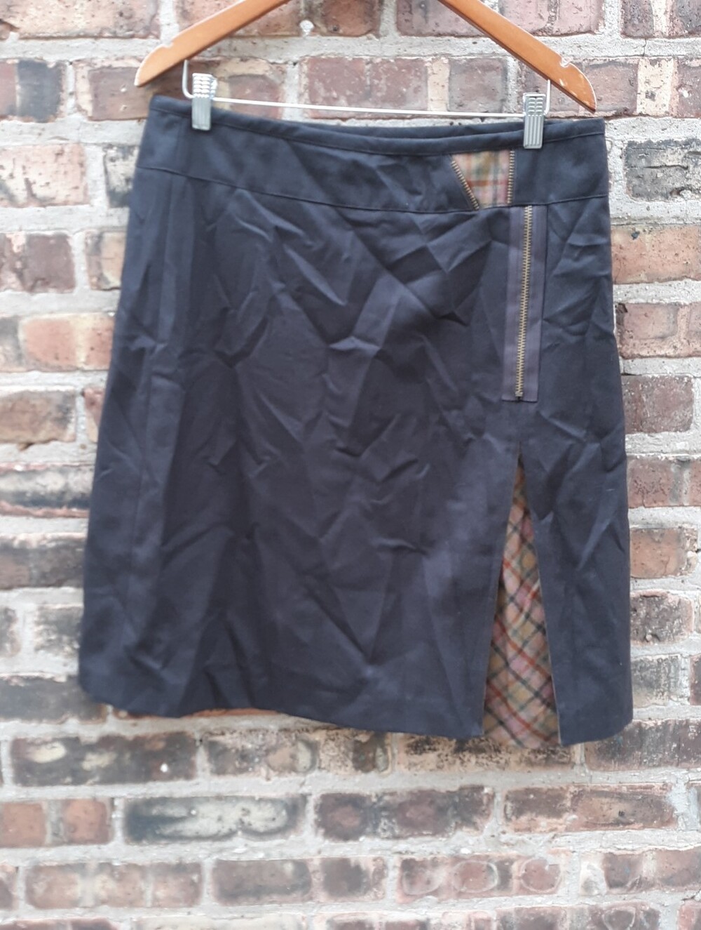 Garnet Hill Wool Silk Pencil Skirt Womens Size 12 Black Plaid Peakaboo Inset Fla